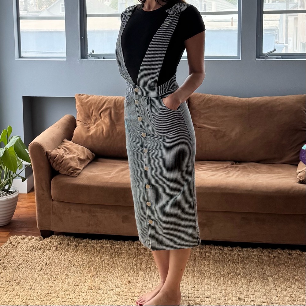 Maje Blue and White Denim Overall Jumper Dress
